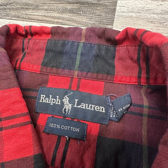 Vintage 90s Ralph Lauren Red Black Tartan Mens 2XLT Button Up Long Sleeve Shirt - Picture 9 of 9